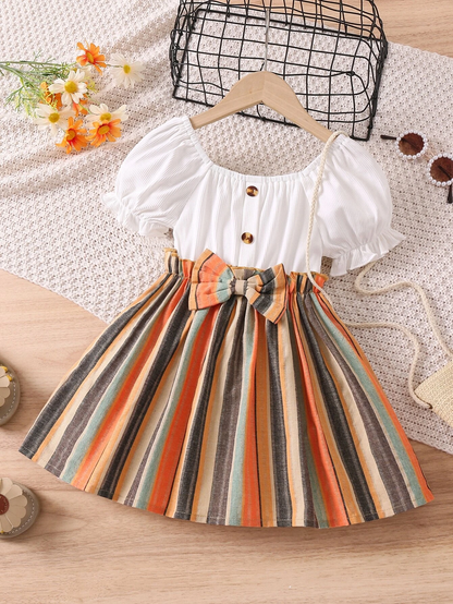 Adorable Baby Girl Puff Sleeve Dress with Striped Skirt and Bow
