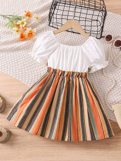 Adorable Baby Girl Puff Sleeve Dress with Striped Skirt and Bow