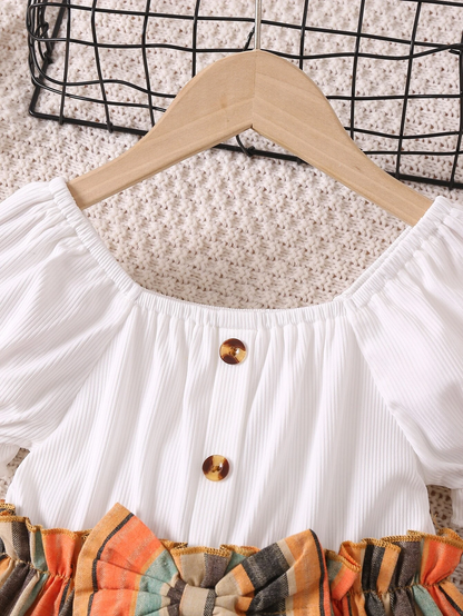 Adorable Baby Girl Puff Sleeve Dress with Striped Skirt and Bow