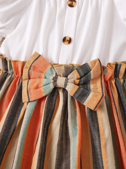 Adorable Baby Girl Puff Sleeve Dress with Striped Skirt and Bow