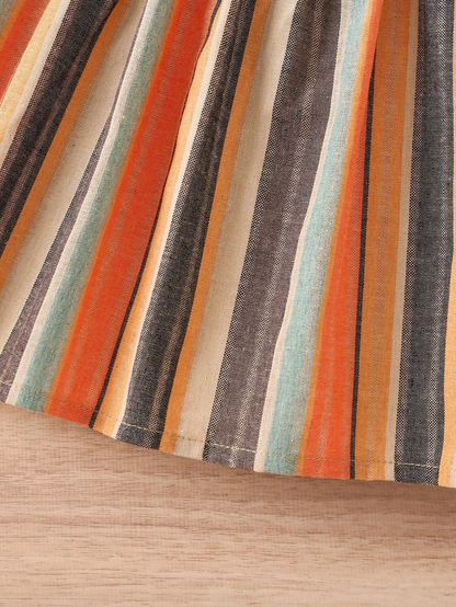 Adorable Baby Girl Puff Sleeve Dress with Striped Skirt and Bow