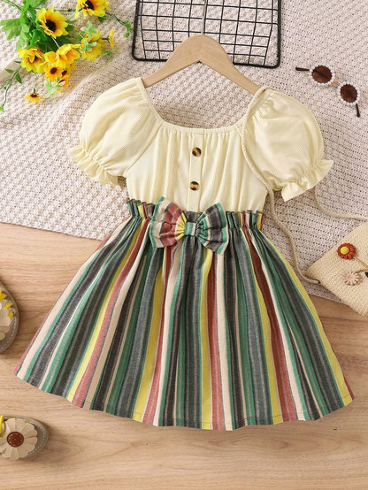 Adorable Baby Girl Puff Sleeve Dress with Striped Skirt and Bow
