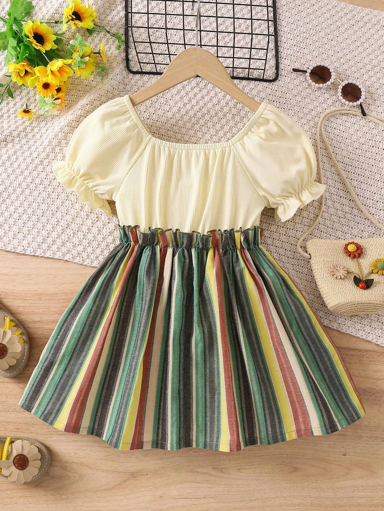 Adorable Baby Girl Puff Sleeve Dress with Striped Skirt and Bow