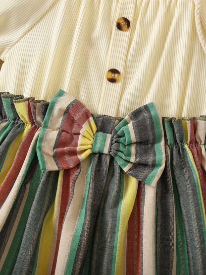 Adorable Baby Girl Puff Sleeve Dress with Striped Skirt and Bow