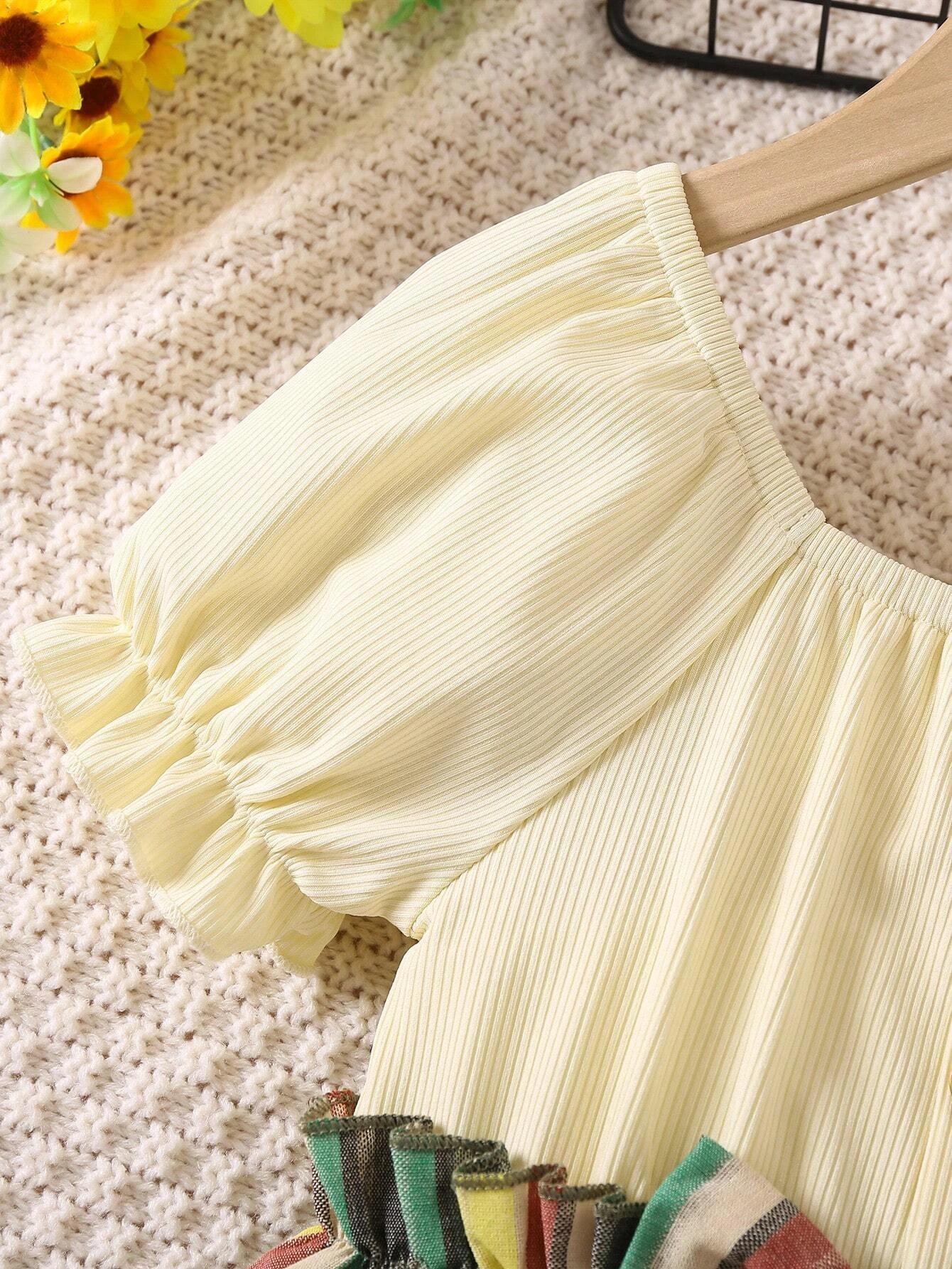 Adorable Baby Girl Puff Sleeve Dress with Striped Skirt and Bow