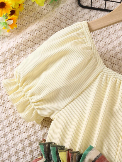 Adorable Baby Girl Puff Sleeve Dress with Striped Skirt and Bow