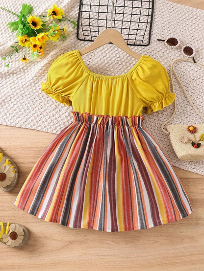 Adorable Baby Girl Puff Sleeve Dress with Striped Skirt and Bow
