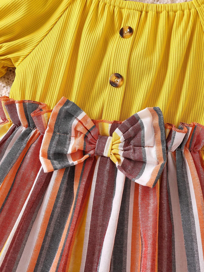 Adorable Baby Girl Puff Sleeve Dress with Striped Skirt and Bow