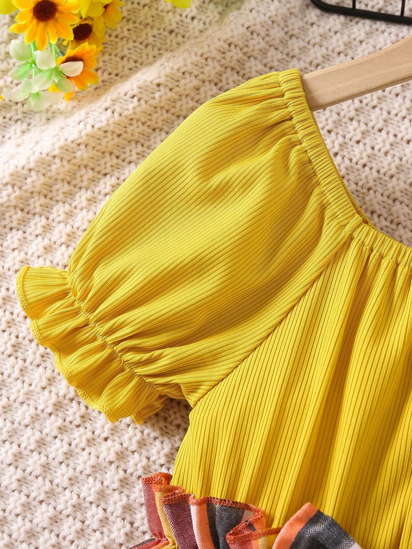 Adorable Baby Girl Puff Sleeve Dress with Striped Skirt and Bow