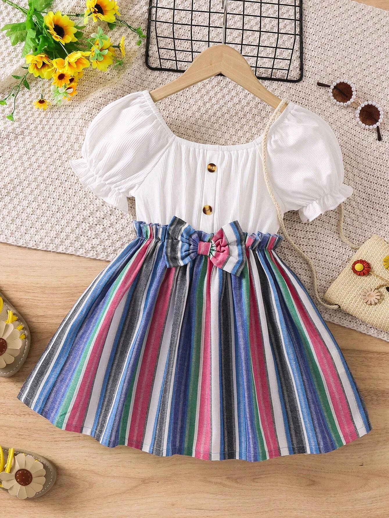 Adorable Baby Girl Puff Sleeve Dress with Striped Skirt and Bow