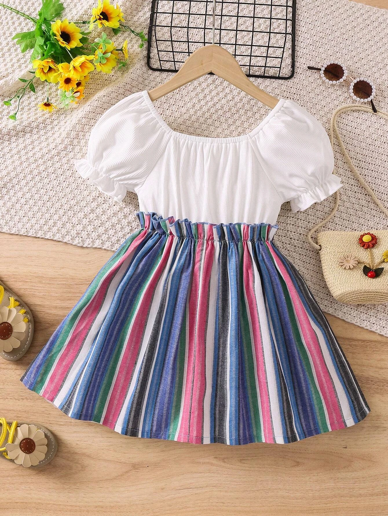 Adorable Baby Girl Puff Sleeve Dress with Striped Skirt and Bow