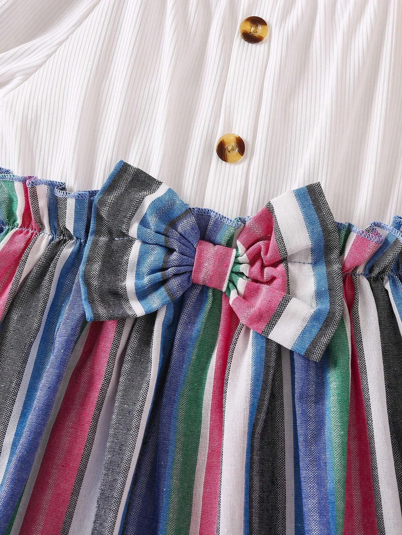 Adorable Baby Girl Puff Sleeve Dress with Striped Skirt and Bow