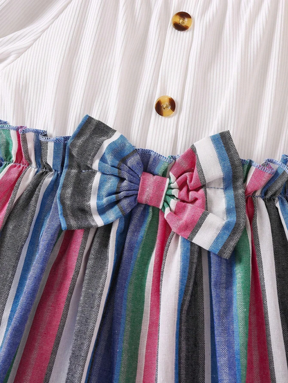Adorable Baby Girl Puff Sleeve Dress with Striped Skirt and Bow